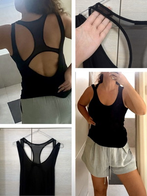 Oysho black cotton open back mesh tank top