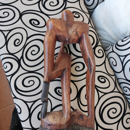 Wooden sculpture man thinking used, large handmade