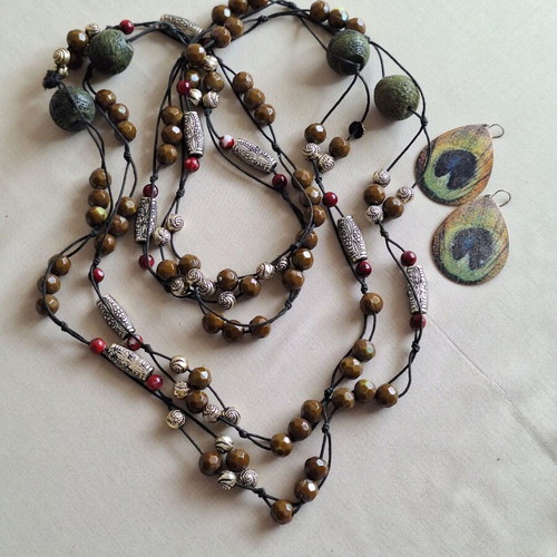 Boho Ethnic Jewelry Set with Long Beaded Necklace and Peacock Earrings like new