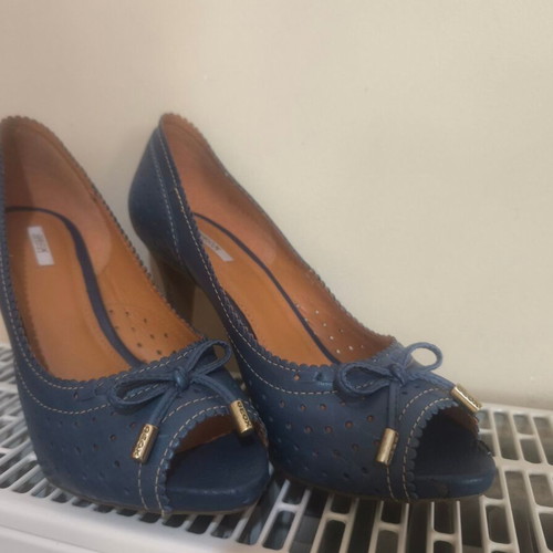 Geox peep toe pumps blue used, size 38.5, brown heel