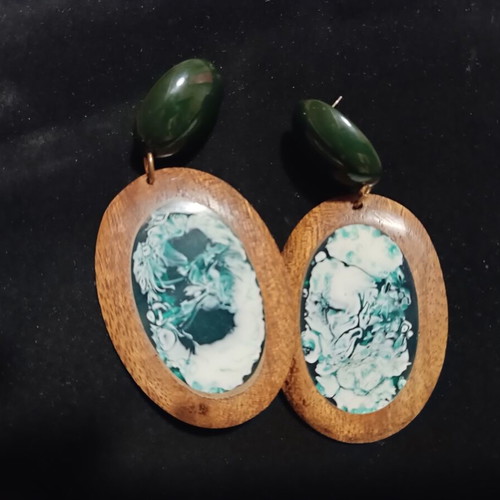 Statement earrings with wood and turquoise resin