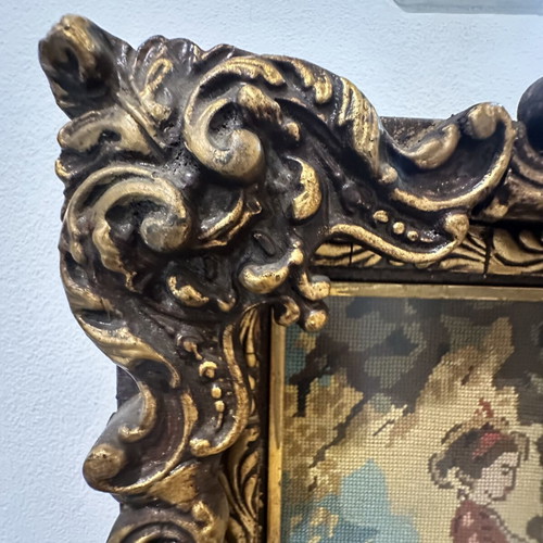 Vintage gobelin textile painting "The Souvenir" with baroque carved frame