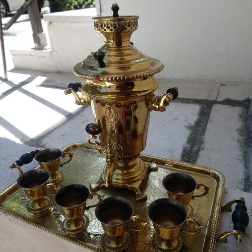 Small Russian Samovar OA Moscow new with tray and 6 tea cups