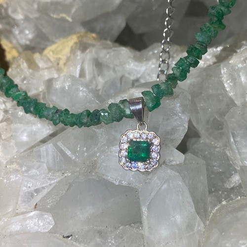 Handmade necklace with natural emeralds and moissanites, silver 925