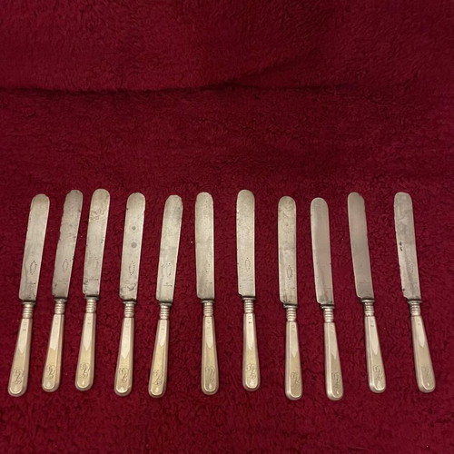 J.FRAGET VARSOVIE Vintage cutlery set used 19th century with 11 knives, 11 forks, 6 spoons