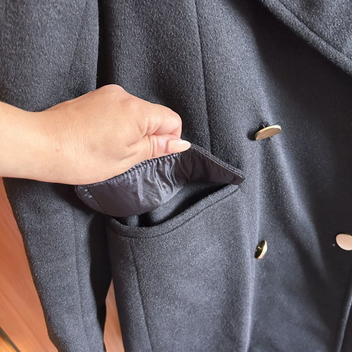 Stradivarius black coat, medium size, knee-length, gold buttons
