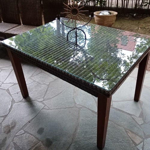 Rattan dining set used, glass table with 4 chairs for indoor and outdoor