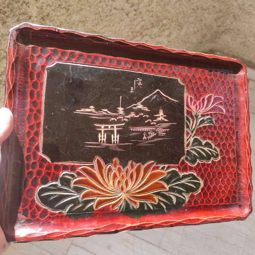 Japanese 1970s Lacquerware Carved Wooden Tray Red/Black 33x23cm like new