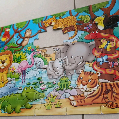 Baby puzzles used, fire truck and jungle themes, 2 pieces