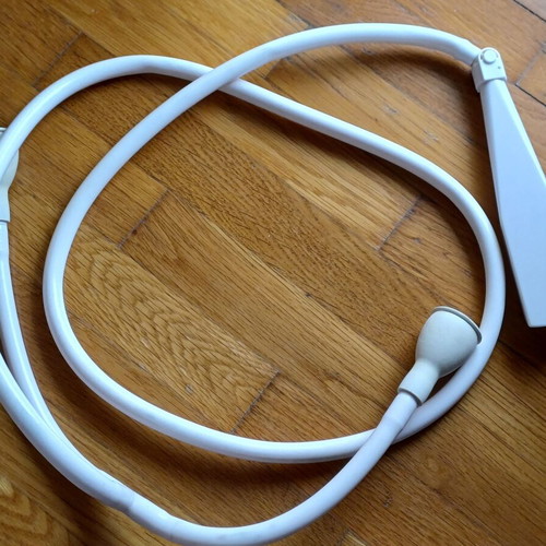 Plastic bathroom shower head used with flexible hose and dual connection