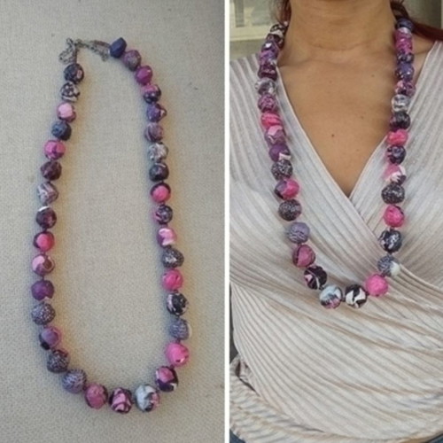 Long handmade bow tie necklace in purple and pink