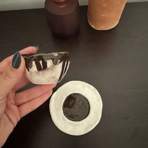 Handmade ceramic espresso cup with plate, new, cream and brown