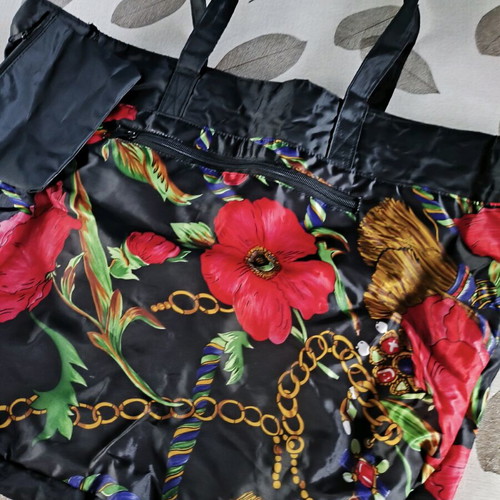 Women's large shoulder bag used, black with flowers
