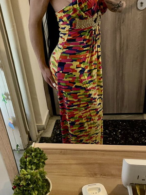 Silk dress with leather embroidery on bust by Sky USA, like new, multicolor