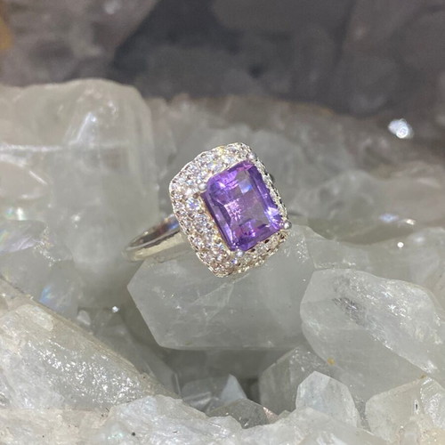 Silver ring with natural amethyst cut stone and moissanite, new