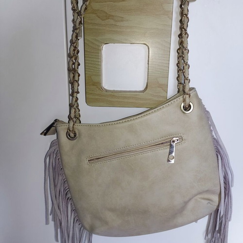 Shoulder bag with fringes and gold details, like new, beige suede leather
