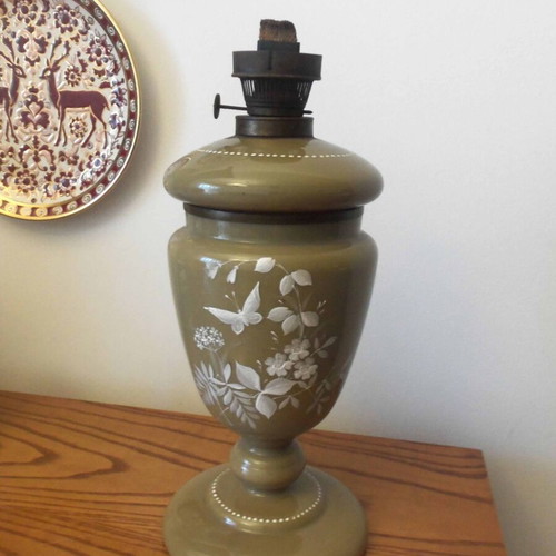 Oil lamp opaline with hand painting, used, 33 cm height