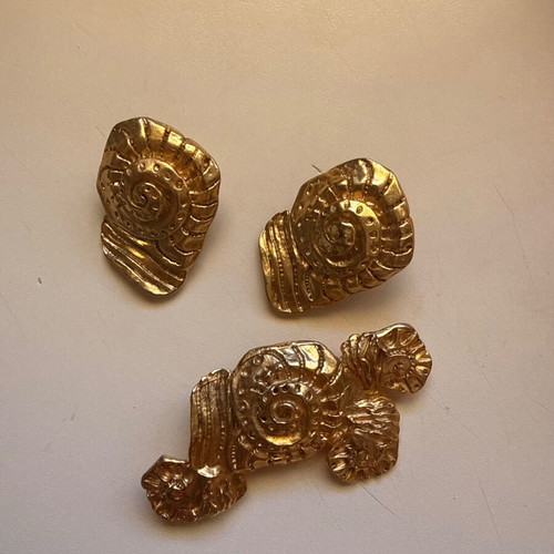 Handmade earrings and brooch set, clip-on earrings, gold tone