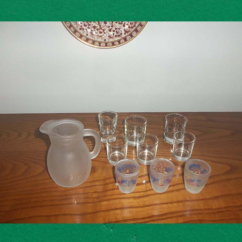 Small Ouzo Pitcher 0.25 L and Set of 9 Shot Glasses used