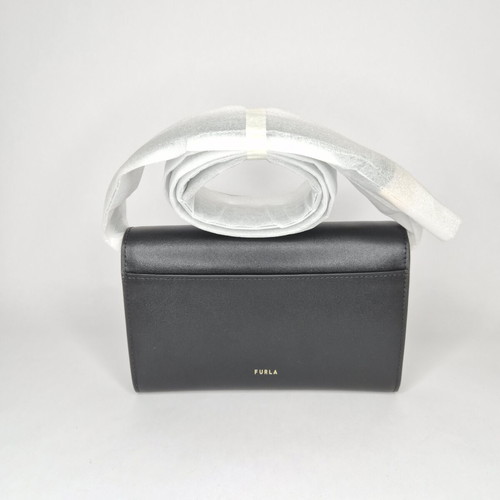 Furla Mini Pochette Bag new, black leather crossbody with gold chain