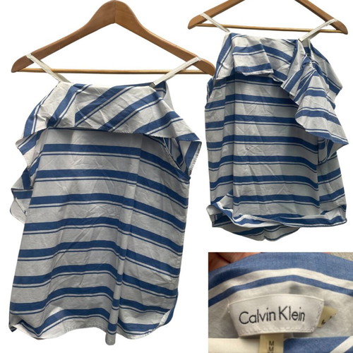Calvin Klein Blue and White Striped Ruffle Off-Shoulder Top used, size M