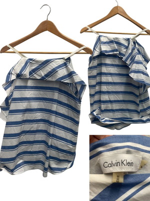 Calvin Klein μπλούζα ριγέ μπλε και λευκή με βολάν και ακάλυπτους ώμους μεταχειρισμένη