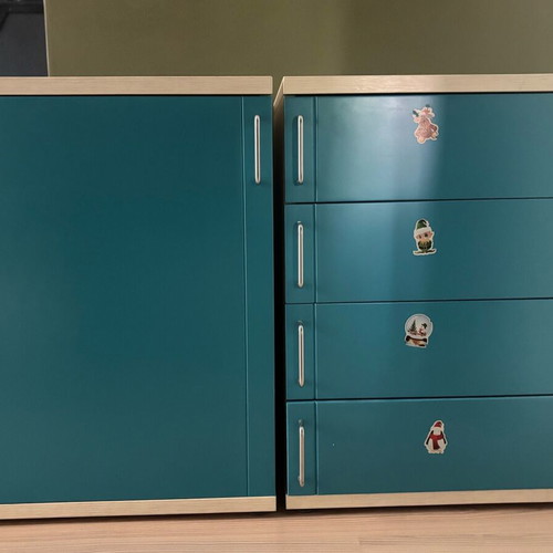 Neoset Teen Desk Furniture Set used, white wood with turquoise lacquer