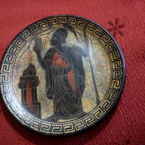 Decorative plate of ancient Greek warrior used, plaster, 18 cm