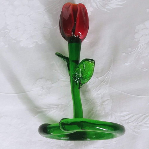 Tulip-shaped candlestick like new, handmade Art Glass 60s-70s