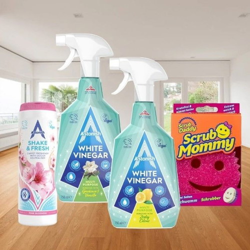 Astonish cleaning set with white vinegar, powder and Scrub Mommy sponge