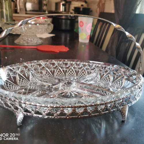 Vintage crystal serving platters with dividers, one with silver base, new