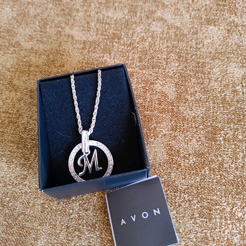 Silver-plated necklace with initial M and Avon rhinestones new, silver