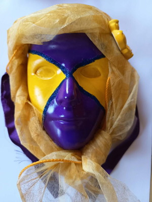 Handmade plaster mask, yellow and purple