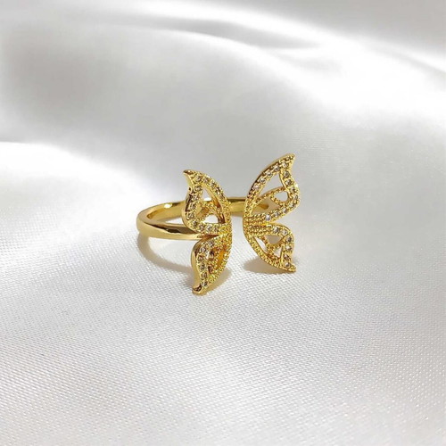 Butterfly Gold-Plated Ring with Zirconia Adjustable New