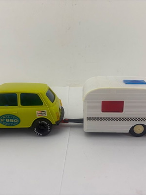 Vintage Mini Cooper Rally N 850 toy car and caravan set like new