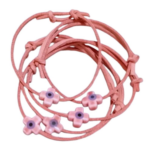 Set of 100 handmade baptism witness bracelets with suede cord and pink ceramic cross