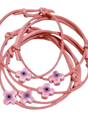 Set of 100 handmade baptism witness bracelets with suede cord and pink ceramic cross