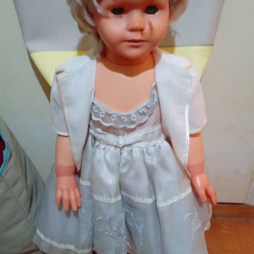 Large vintage doll used with satin dress and red shoes