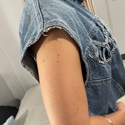 Vintage Bianca Maria Caselli denim vest crop with rhinestones pearls, like new, L
