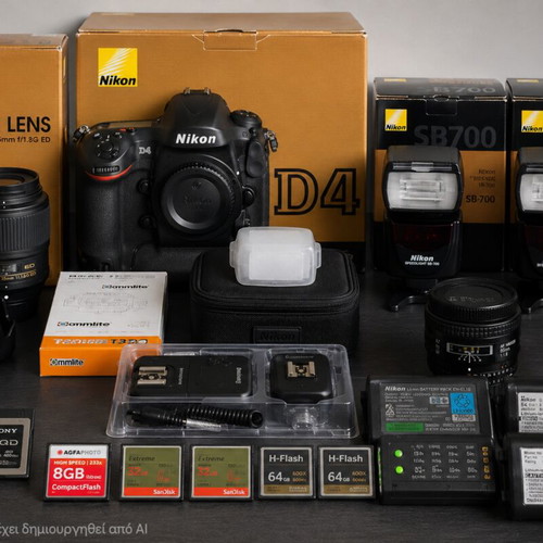 Nikon D4 camera kit with 35mm 1.8G, 85mm 1.8D lenses and 2x SB-700 flashes