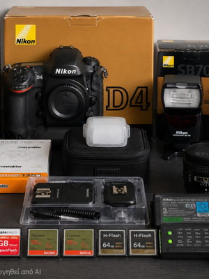 Nikon D4 camera kit with 35mm 1.8G, 85mm 1.8D lenses and 2x SB-700 flashes