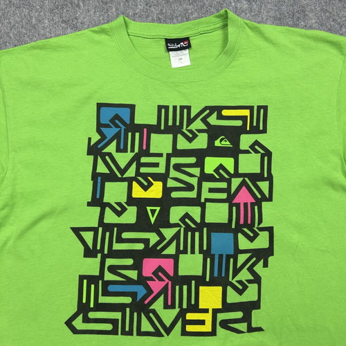 Quiksilver Neon Green Graphic T-Shirt L used, Y2K Surf Skate Streetwear