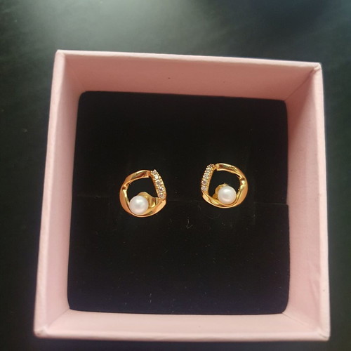 Pandora earrings with pavé stones and freshwater pearls, 14K gold plated, new