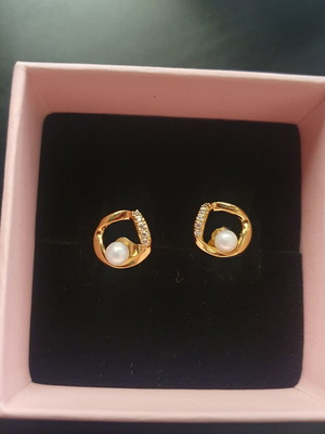 Pandora earrings with pavé stones and freshwater pearls, 14K gold plated, new
