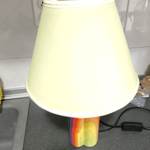 Handmade table lamp with rainbow base and green shade like new