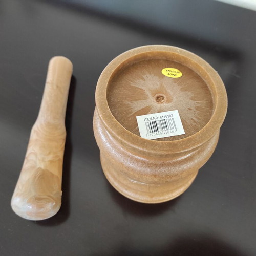 Mortar and pestle new, wood color, melamine material