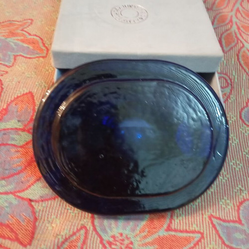 Vintage glass ashtray with Greek Tekniki seal, dark blue
