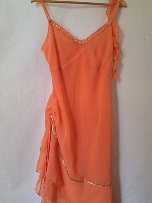 Orange chiffon asymmetric dress with gold trim