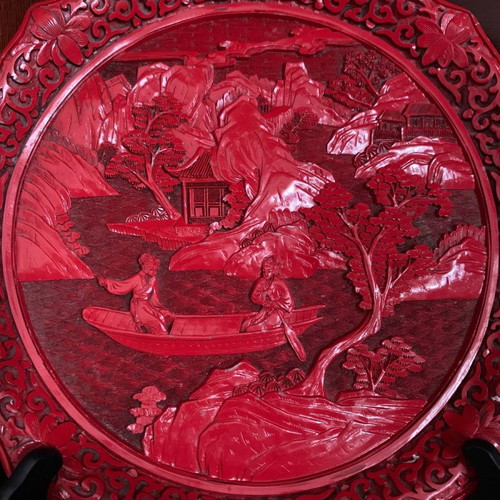 Vintage Chinese handmade Red Cinnabar decorative plate used