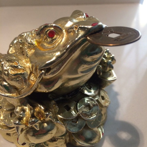 Golden Money Toad new 12 cm on pile of coins